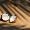 Coconut halves resting on a sunlit sandy beach, casting shadows from palm fronds.