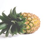 A single ripe pineapple with vibrant green leaves set against a white background, showcasing freshness.